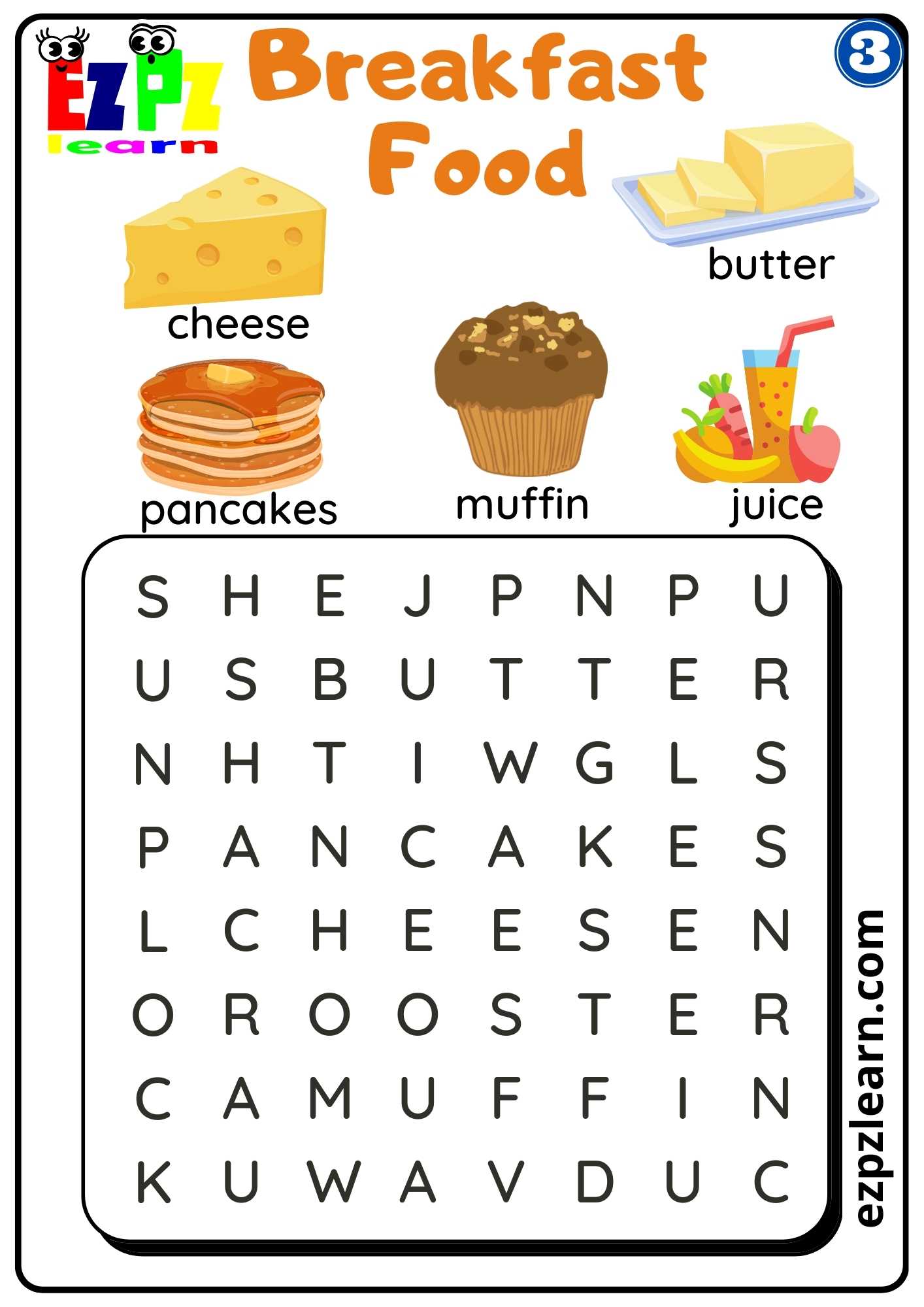 Group 3 Breakfast Food Vocab Word Search Worksheet for ESL and K5 Students PDF Download